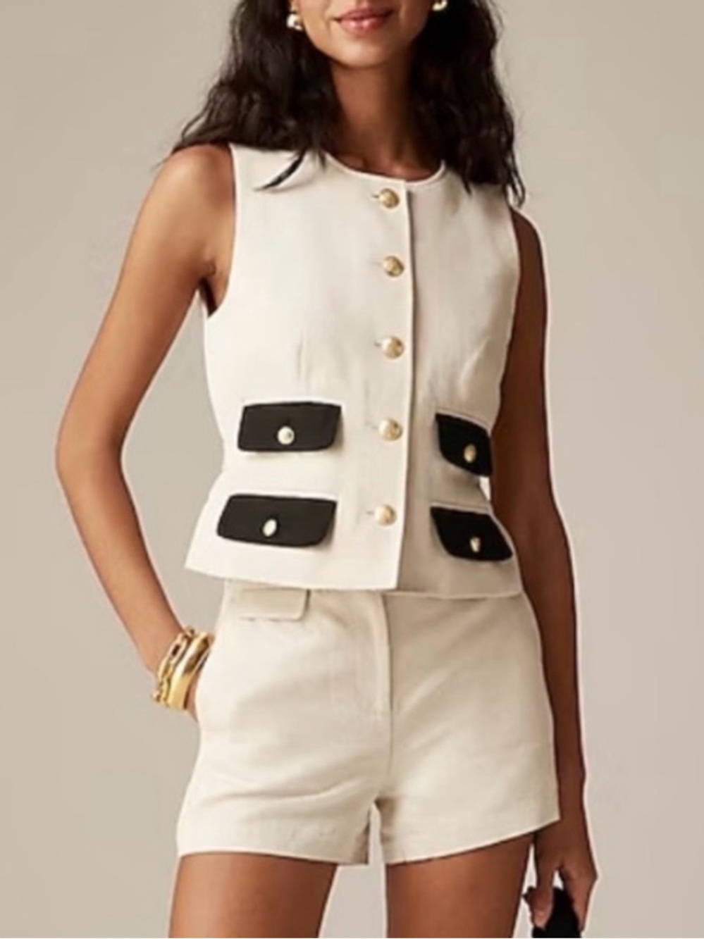NWT JCrew Contrast Vest in Textured Linen Blend Size 00 Cream Black $158 BZ872